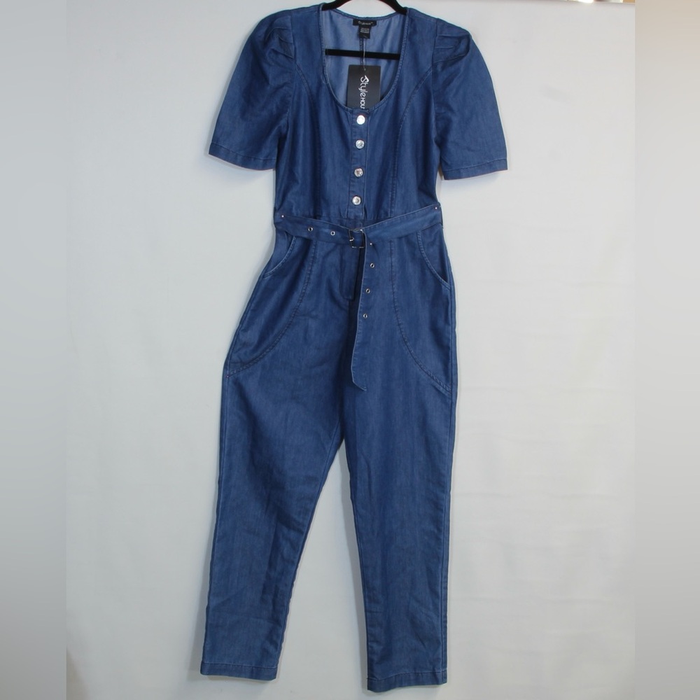 StyleHouse Dark Wash Blue Denim Jumpsuit with Belt NWT